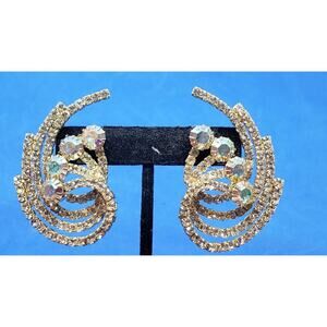 Huge Aurora Borealis Swirl Earrings Rhinestone Gold toned Pierced